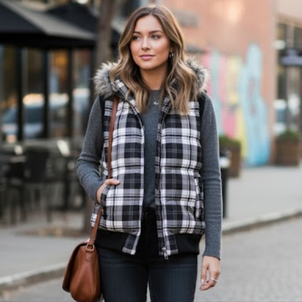 ALFRED SUNG Black and White Plaid Vest